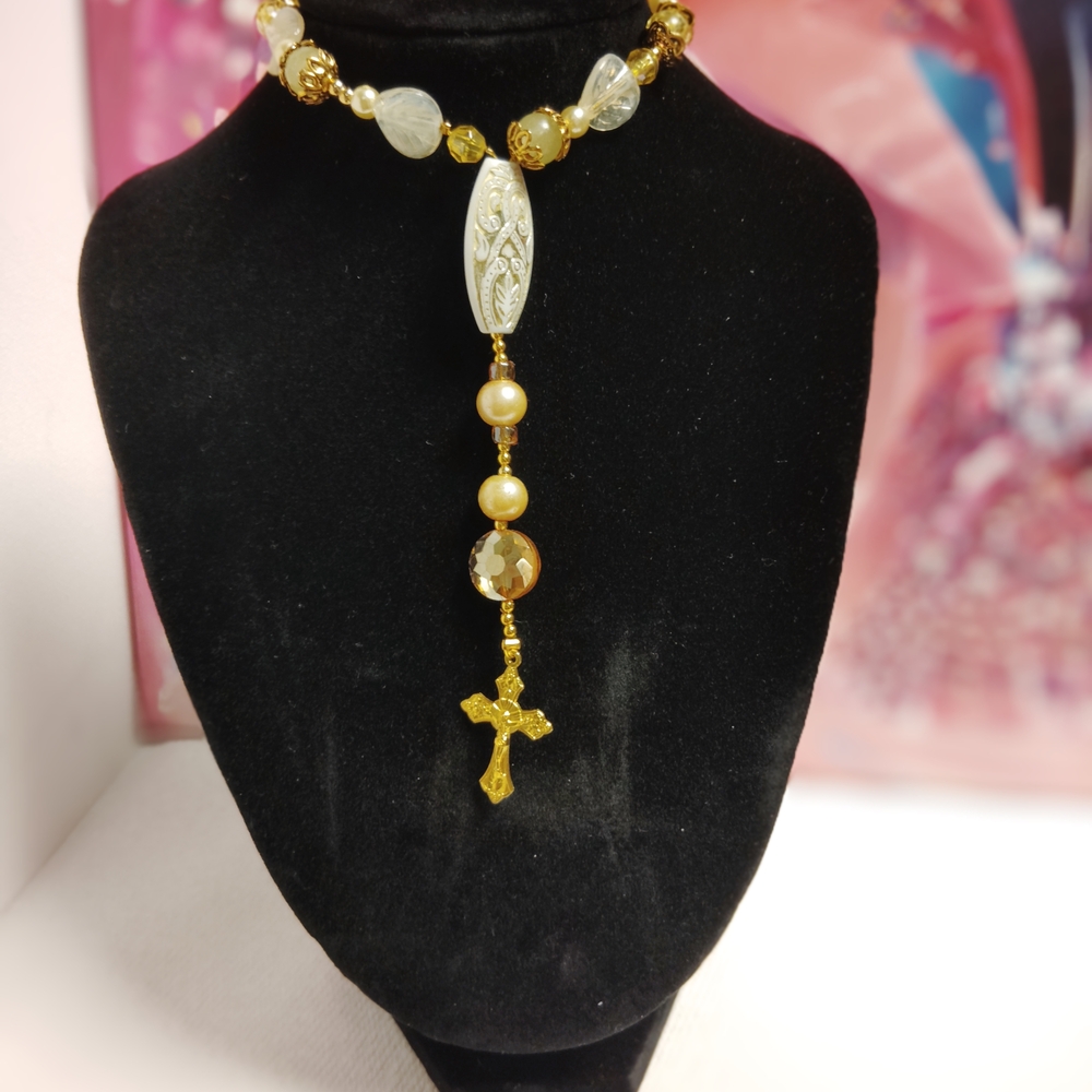 Elegant Gold and Cream Beaded Necklace with Cross Pendant